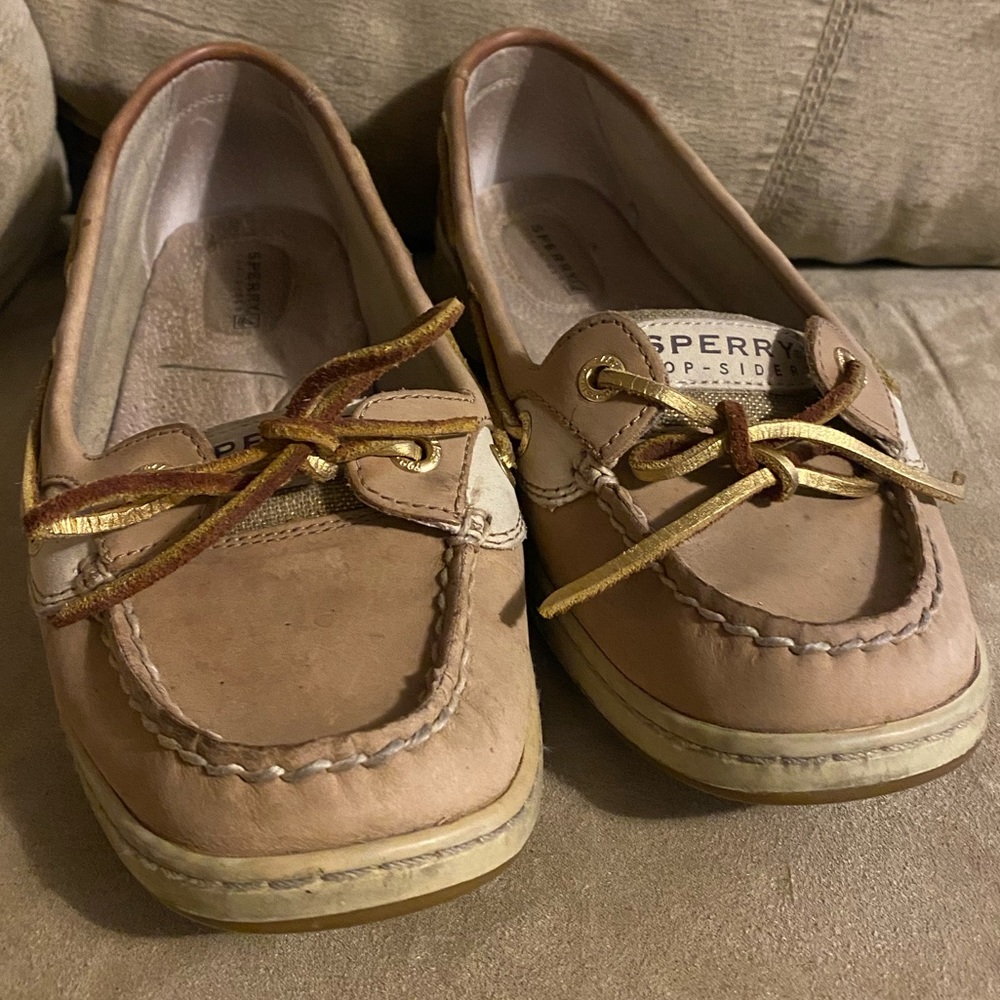 Sperry Angelfish Boat Shoes | Tan Linen & Gold Metallic | Size 7 - Picture 3 of 6